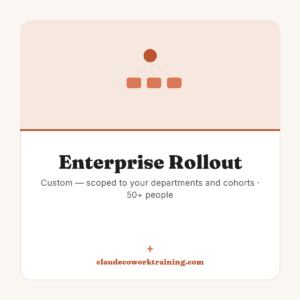 Enterprise Rollout — Custom — scoped to your departments and cohorts · 50+ people. Claude Cowork Training product image.