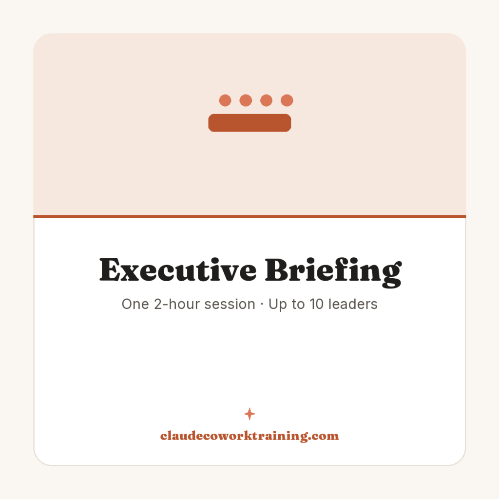 Executive Briefing — One 2-hour session · Up to 10 leaders. Claude Cowork Training product image.