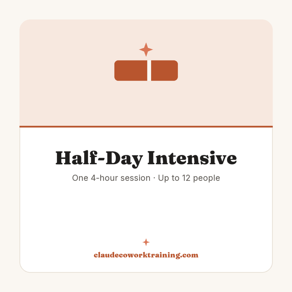 Half-Day Intensive — One 4-hour session · Up to 12 people. Claude Cowork Training product image.