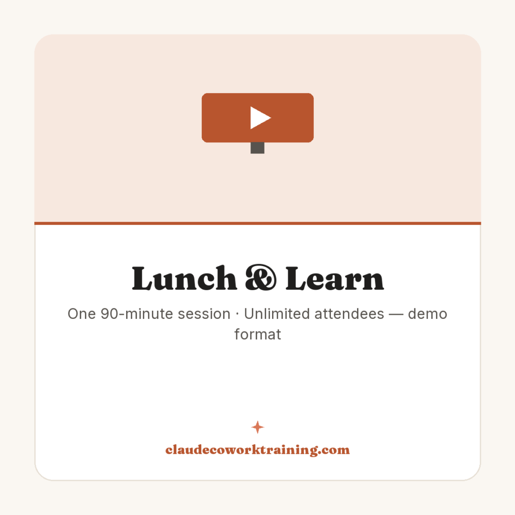 Lunch & Learn — One 90-minute session · Unlimited attendees — demo format. Claude Cowork Training product image.