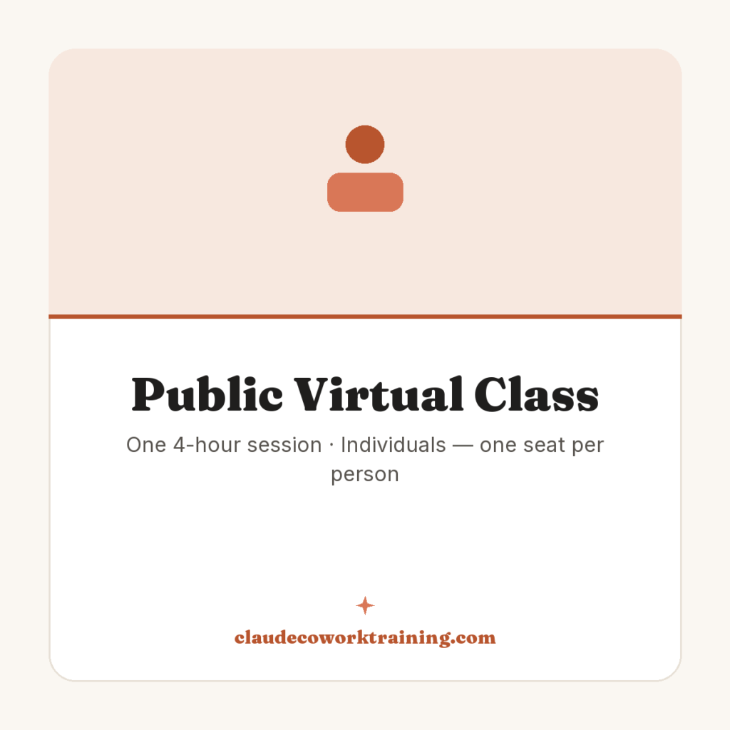 Public Virtual Class — One 4-hour session · Individuals — one seat per person. Claude Cowork Training product image.