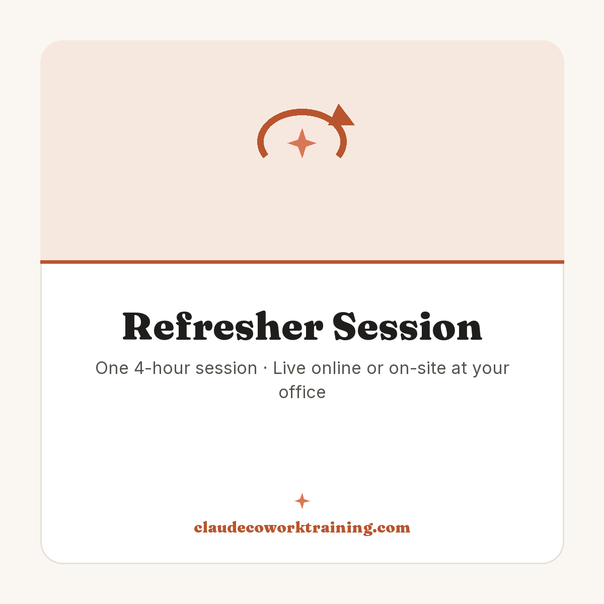 Refresher Session — One 4-hour session · Live online or on-site at your office. Claude Cowork Training product image.