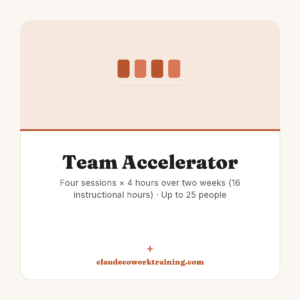 Team Accelerator — Four sessions × 4 hours over two weeks (16 instructional hours) · Up to 25 people. Claude Cowork Training product image.