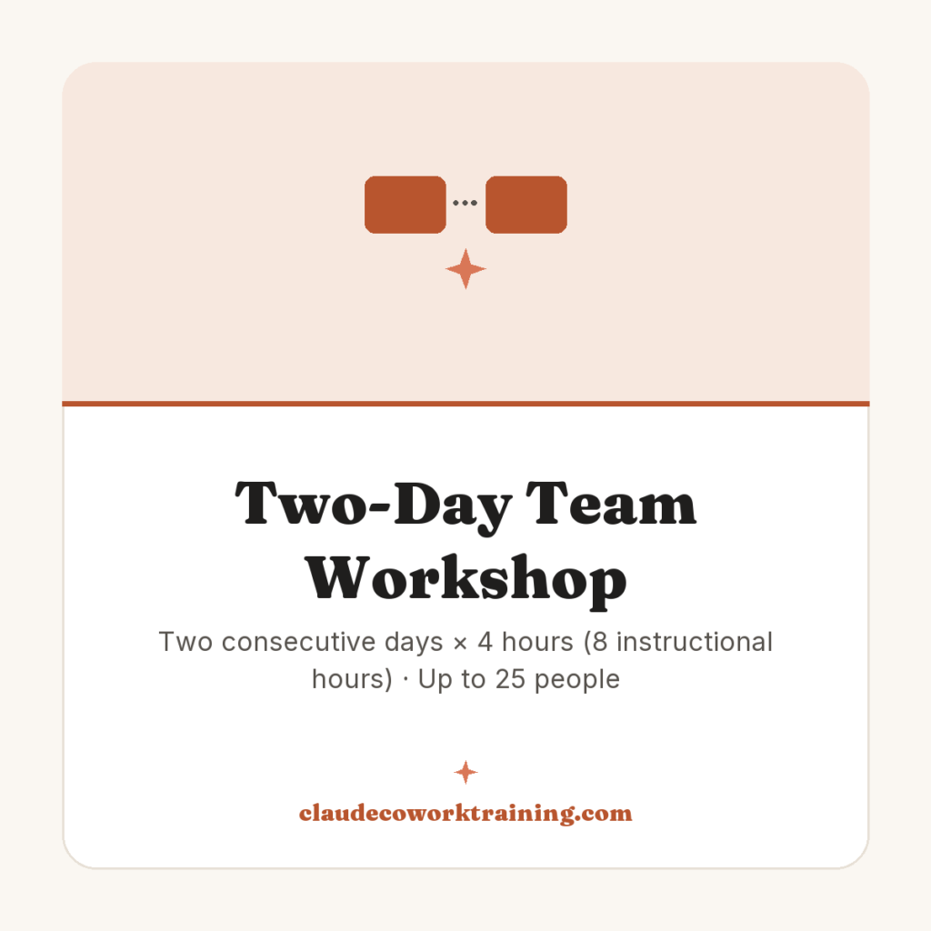 Two-Day Team Workshop — Two consecutive days × 4 hours (8 instructional hours) · Up to 25 people. Claude Cowork Training product image.