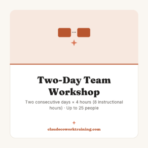 Two-Day Team Workshop — Two consecutive days × 4 hours (8 instructional hours) · Up to 25 people. Claude Cowork Training product image.